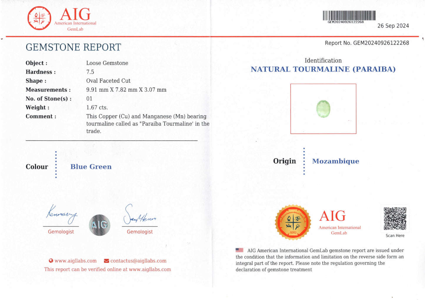 Turmalina Paraíba Natural 1.67 Quilates