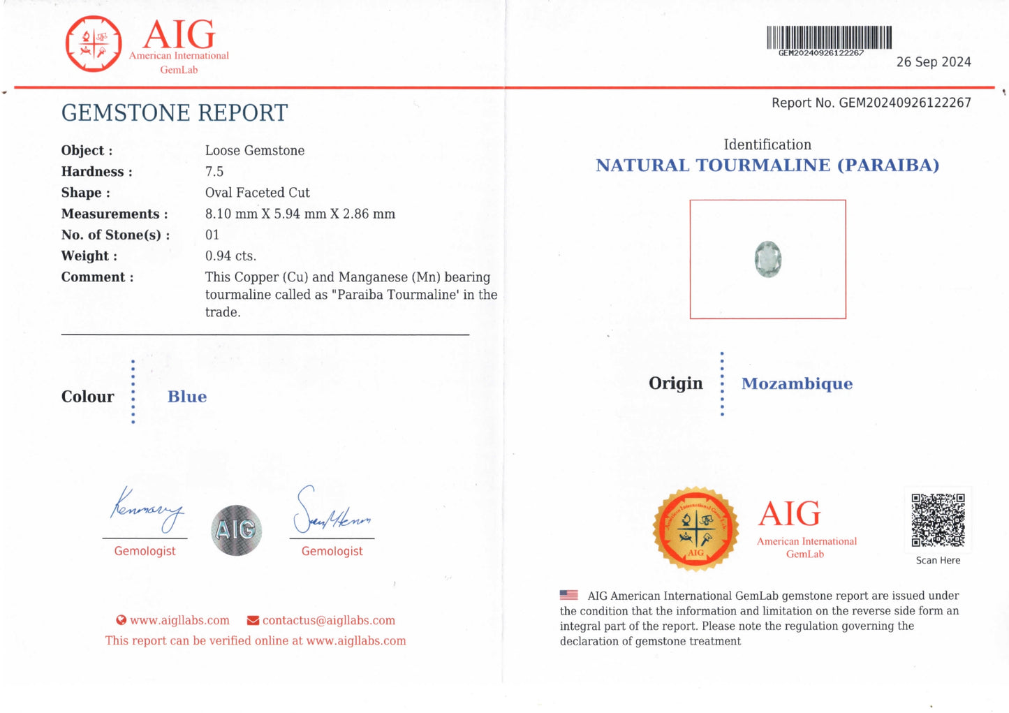 Turmalina Paraíba Natural 0.94 Quilates
