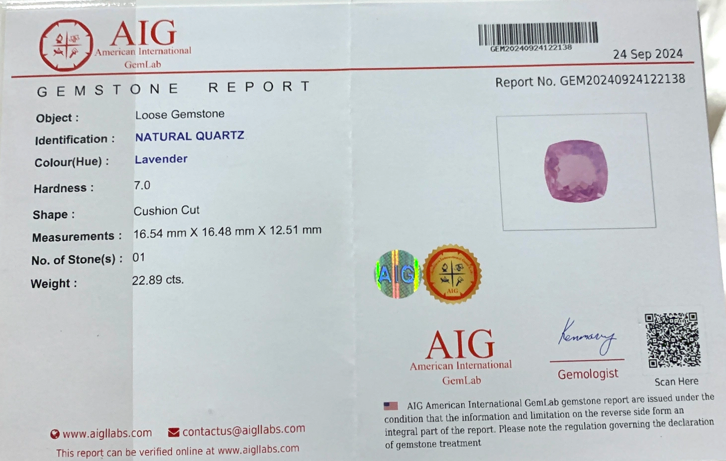 Cuarzo Natural Lavanda – Corte Cushion 22.89 ct