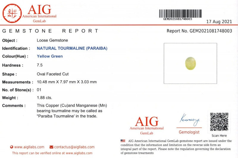 Turmalina Paraíba Natural Ovalada de 1.88 Quilates